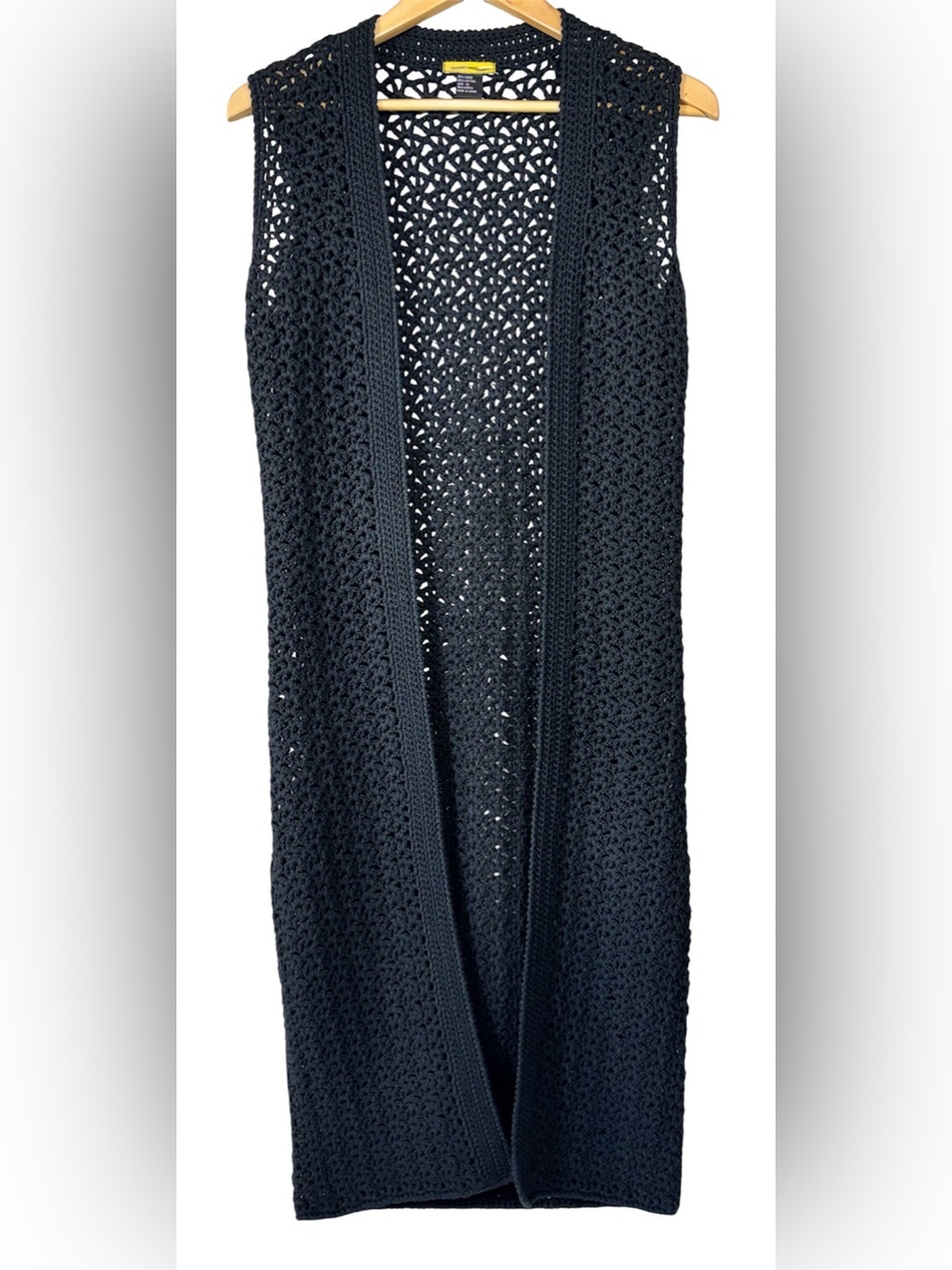 Population Sleeveless Duster Cardigan Black Open Knit Crochet Maxi Boho XS